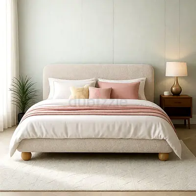 Beige Upholstered Queen Bed Frame with Headboard (Modern