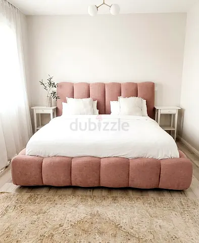 Upholstered Pink King Size Bed with Padded Headboard