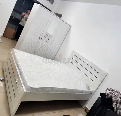White Wooden Double Bed with Mattress and Matching Wardrobe - Good quality