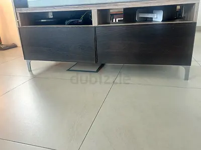 Modern low TV unit / media console in dark & light wood, with two drawers. Ikea brand new condition