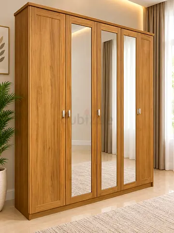 Spacious Wooden 5-Door Wardrobe with Mirrors