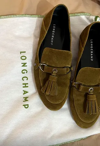 Longchamp Olive Green Suede Tassel Loafers - Size 38