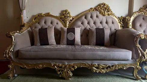 Ornate Gold-Framed (2) 3 Seater Sofa, & (2) 1 Seater Sofa With Center Table For Sale. Good Condition