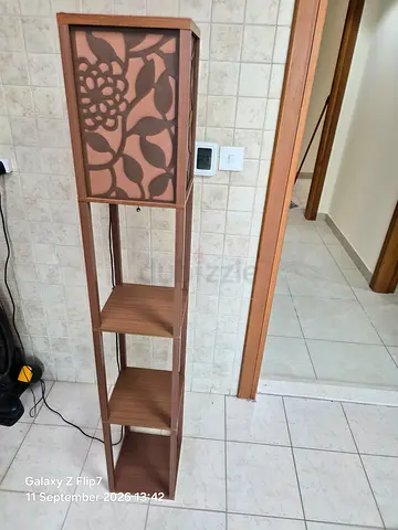 Wooden display shelf with lightning panel - good condition