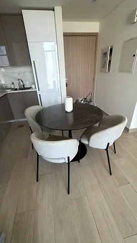 Round dining table with 4 upholstered chairs - modern set