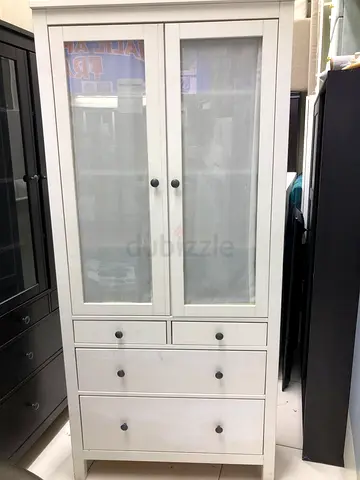 White Glass-Front Cabinet with Drawers - Good Condition