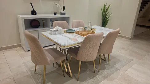 Marble-top dining table with 5 upholstered chairs - modern set