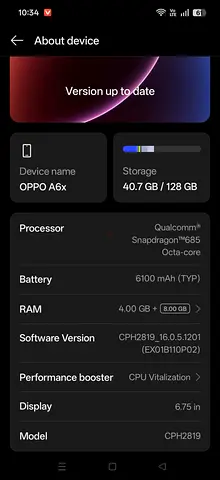 Oppo A6x 128GB 4+4RM (20Days Used With Box + Bill