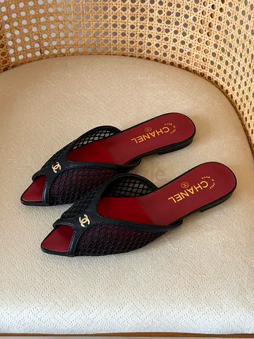 Chanel black mesh slide sandals with burgundy insole, size unknown