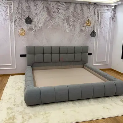Large Grey Upholstered King Bed Frame with Padded Headboard