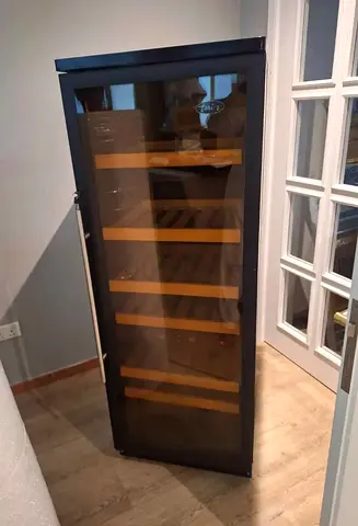 Tall wine cooler fridge with wooden shelves - good condition
