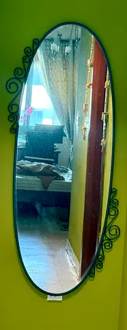 Tall Oval Wall Mirror with Decorative Black Wrought Iron Scroll Frame