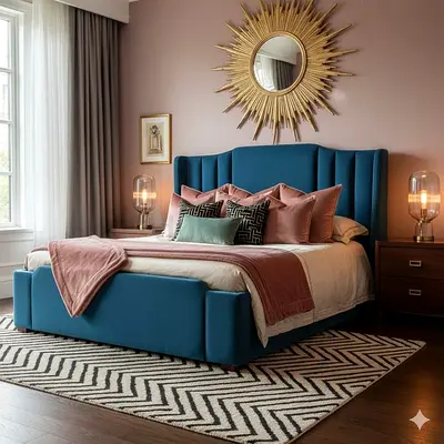 Modern Teal Fabric Upholstered Bed Frame with Wingback Headboard
