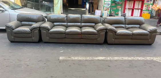 3-piece gray leather sofa set (3-seater + 2-seater + single) in good condition