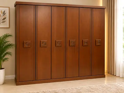 Large 6-Door Solid Wood Wardrobe with Decorative Square Handles
