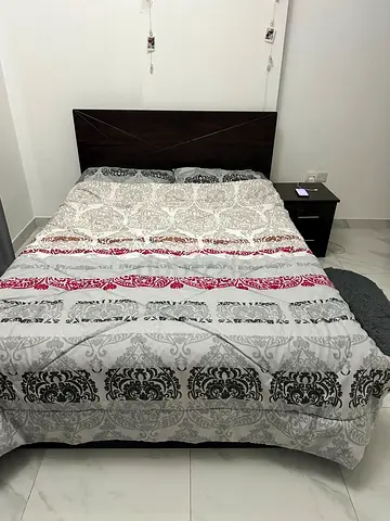 Double bed with headboard and bedside table - good condition