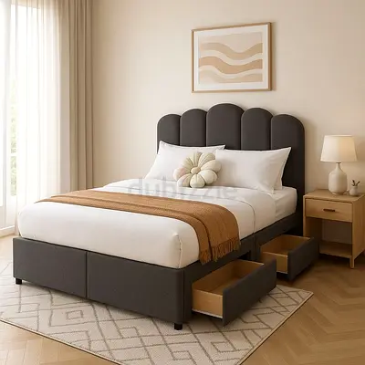 Modern Upholstered Bed Frame with Scalloped Headboard and Storage Drawers