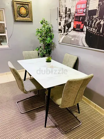 Modern Marble-Top Dining Table with 4 Upholstered Chairs - Excellent Condition
