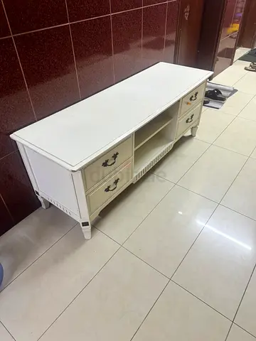White Wooden TV Cabinet / Media Console with Drawers and Open Shelves