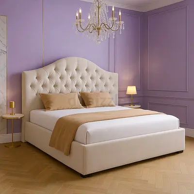 Elegant Cream Tufted Double Bed with Curved Headboard