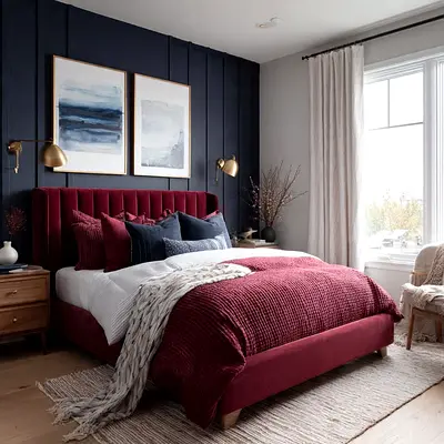 Modern Burgundy Velvet Upholstered Bed Frame