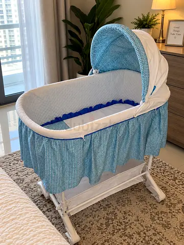 Lightweight Baby Bassinet with Canopy — Blue Pattern, Good Condition