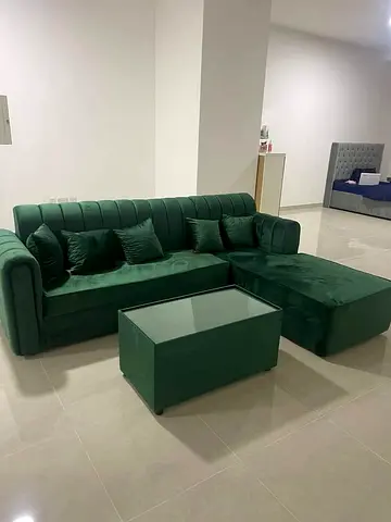 Green Velvet L-Shaped Sofa with Ottoman and Coffee Table - Excellent quality