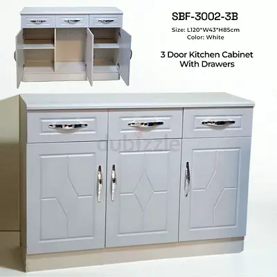 White 3-Door Kitchen Cabinet with 3 Drawers - 120x43x85cm