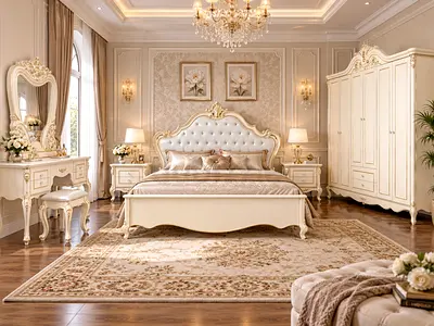 Luxury Ivory White Bedroom Set – Bed, Wardrobe & Dressing Table