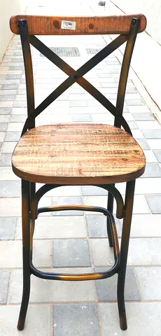 Wood and Metal Bar Stool with Backrest - Rustic Industrial