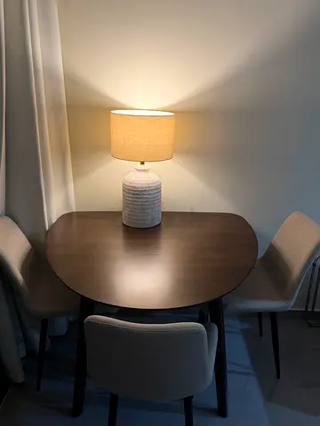 Small round dining table with 4 upholstered chairs and lamp (good condition)