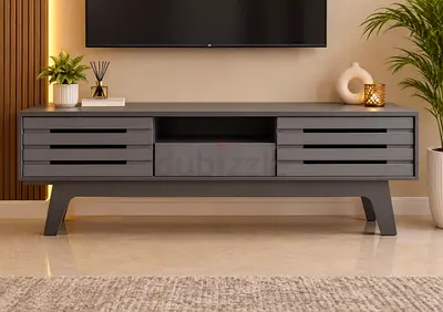 Grey modern TV entertainment unit with storage drawers