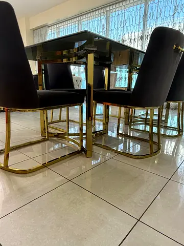 Glass Top Dining Table with 6 Velvet Chairs and Gold Frames - Good Condition