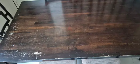 Wooden Dining Table (dark finish) with surface wear — good sturdy frame - SOLID WOOD