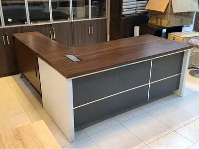 L-shaped Executive Office Desk - Dark Wood Top, Good Condition