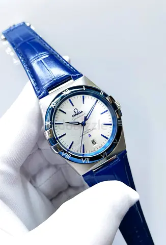 Omega Constellation Style Watch – White Dial, Blue Accents & Blue Leather Strap