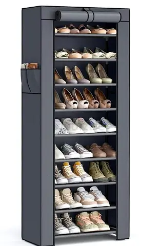Portable 9-Tier Fabric Shoe Rack with Cover - Grey