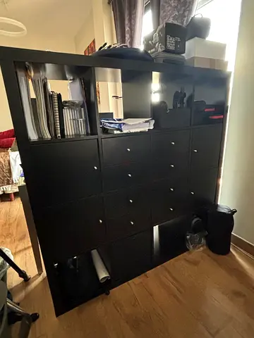 IKEA KALLAX- 16 cubes Shelving unit with 8 inserts, black-brown, 147x147 cm