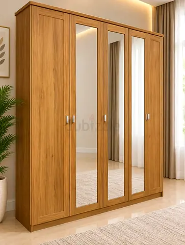 Solid Wood 4-Door Wardrobe with Mirrors - Natural Finish
