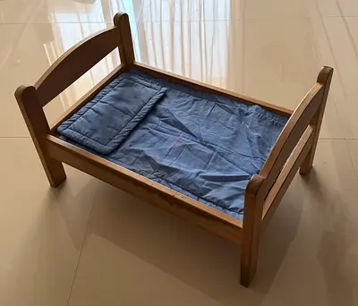 Wooden Doll Bed with Mattress and Pillow - Good Condition