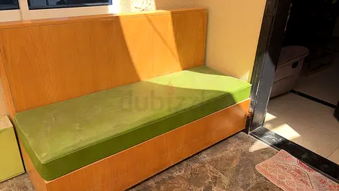 Wooden Bench with Green Cushioned Seat , oudroor table and 4 chair .and 2 wooden chair