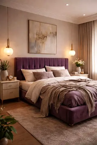 Purple Velvet Upholstered Bed Frame with Tufted Headboard