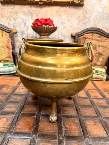 Vintage Brass Cauldron Planter with Claw Feet and Side Rings
