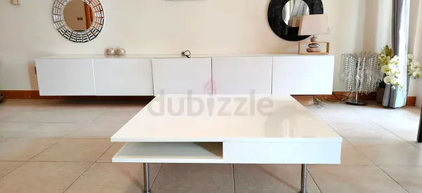 Modern white lacquer coffee table with TV cabinet, storage shelf & White round mirror