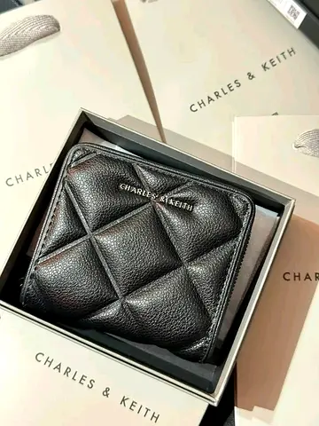 Charles & Keith Black Quilted Leather Compact Wallet - New