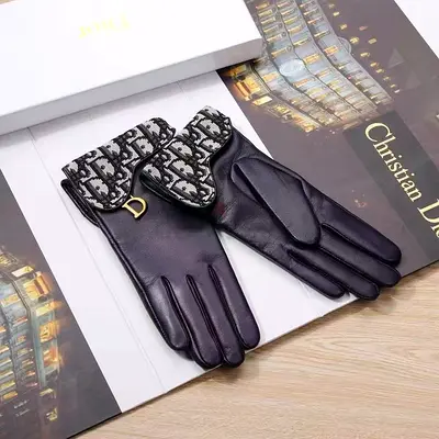 Dark Leather Gloves with Designer Monogram Cuff - Size M