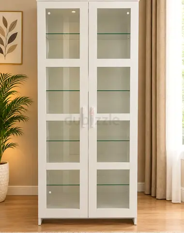 White Glass Display Cabinet with Shelves - 2 Door Storage Unit