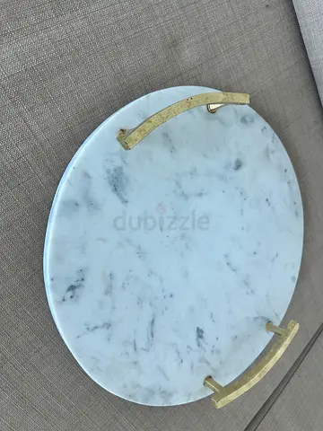 Round White Marble Serving Tray with Brass Handles - Small