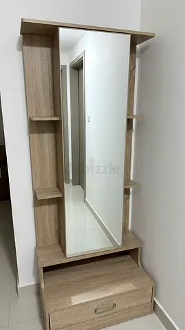 Standing mirror with shelves and bottom drawer - light oak finish