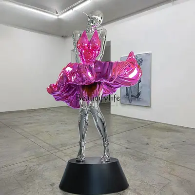 Modern Metallic Dancer Statue in Pink and Chrome
